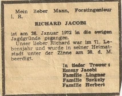 Jakobi Richard 1901-1972 Todesanzeige
